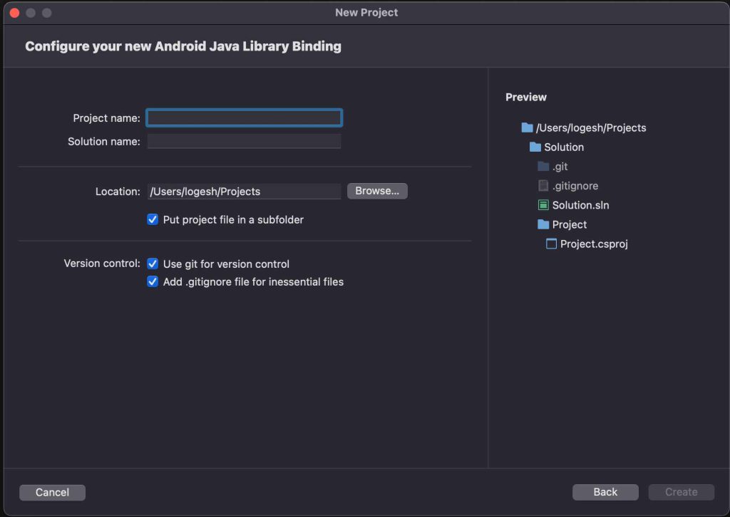 Configure your new Android Java Library Binding